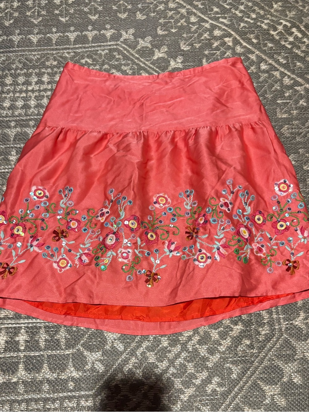 Vtg Coral Embroidered Floral A-Line Skirt BOHO Style